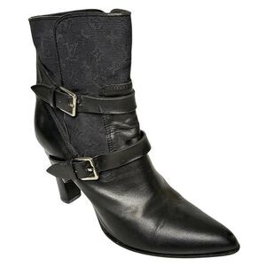 Louis Vuitton Monogram Logo Canvas + Leather Heeled Buckle Booties Black EU 36.5